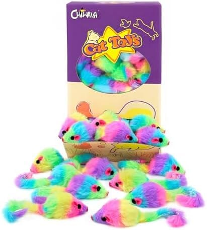 36PCS 1.8' Rainbow Color Furry Cat Toy Mice with Rattle Kitten Mouse Interactive Play
