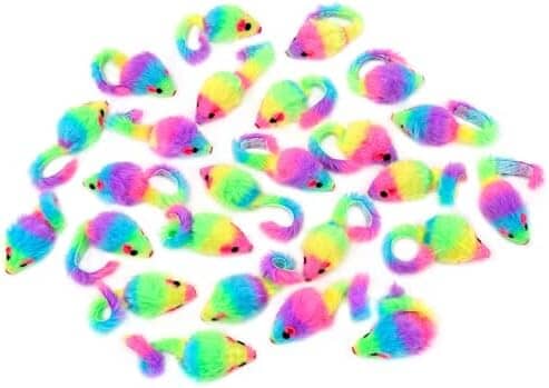 36PCS 1.8' Rainbow Color Furry Cat Toy Mice with Rattle Kitten Mouse Interactive Play