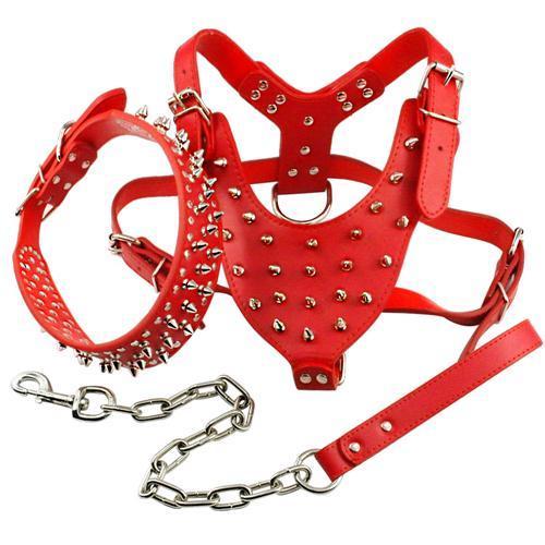 Black Spiked Studded Leather Dog Harness Collar & Leash Set Black Spiked Studded Leather Dog Harness Collar & Leash Set Pet Clever Red M 