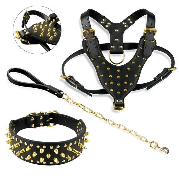 Black Spiked Studded Leather Dog Harness Collar & Leash Set Black Spiked Studded Leather Dog Harness Collar & Leash Set Pet Clever 