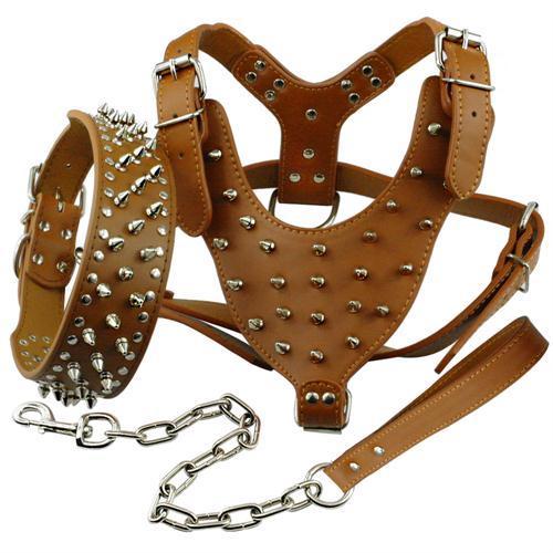 Black Spiked Studded Leather Dog Harness Collar & Leash Set Black Spiked Studded Leather Dog Harness Collar & Leash Set Pet Clever Brown M 