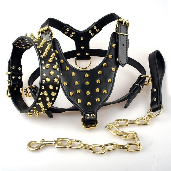 Black Spiked Studded Leather Dog Harness Collar & Leash Set Black Spiked Studded Leather Dog Harness Collar & Leash Set Pet Clever 