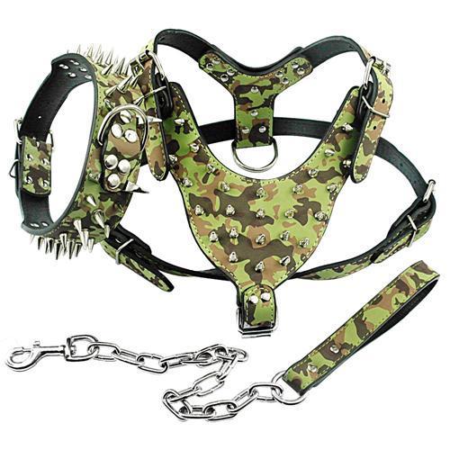 Black Spiked Studded Leather Dog Harness Collar & Leash Set Black Spiked Studded Leather Dog Harness Collar & Leash Set Pet Clever Green M 