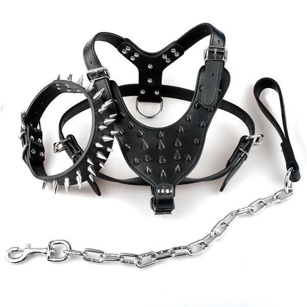 Black Spiked Studded Leather Dog Harness Collar & Leash Set Black Spiked Studded Leather Dog Harness Collar & Leash Set Pet Clever 