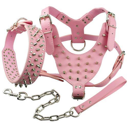 Black Spiked Studded Leather Dog Harness Collar & Leash Set Black Spiked Studded Leather Dog Harness Collar & Leash Set Pet Clever Pink M 
