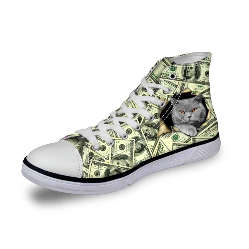Cat in Dollars Print High Top Canvas Women Shoes Cat Design Footwear Pet Clever 
