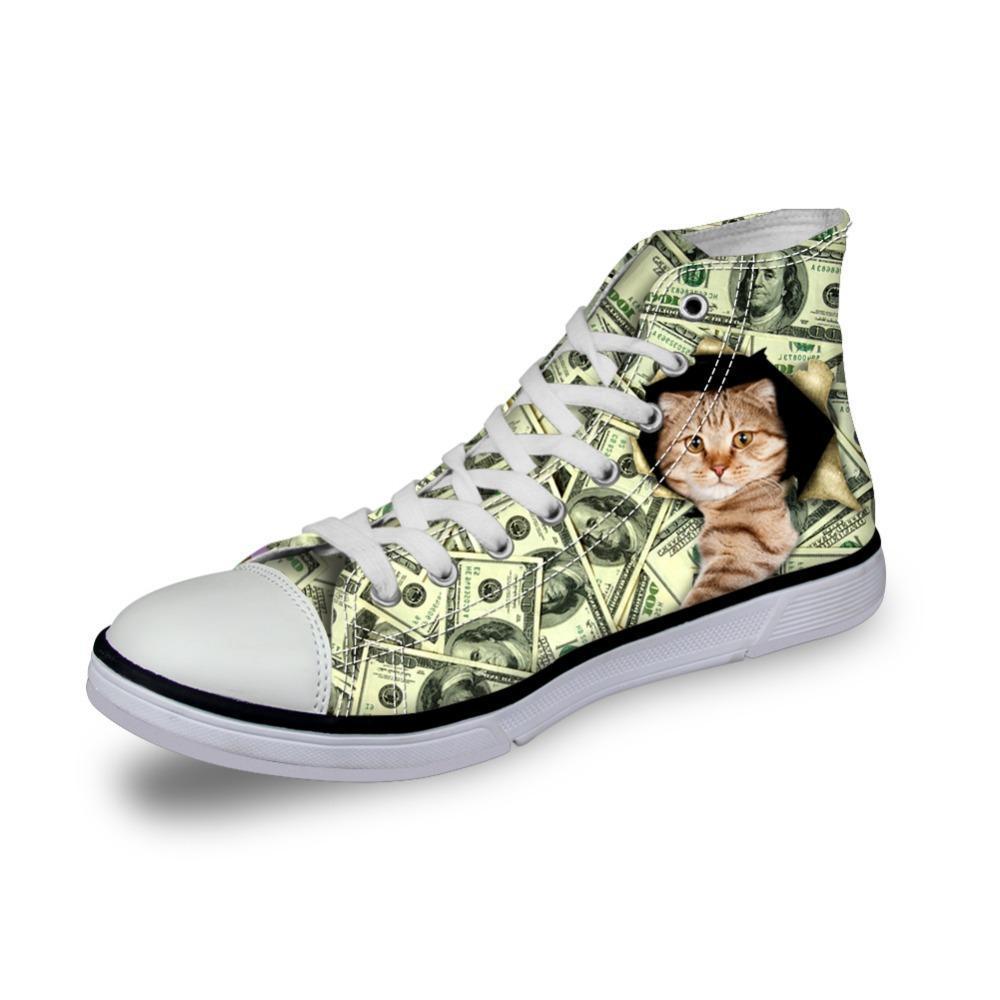 Cat in Dollars Print High Top Canvas Women Shoes Cat Design Footwear Pet Clever 