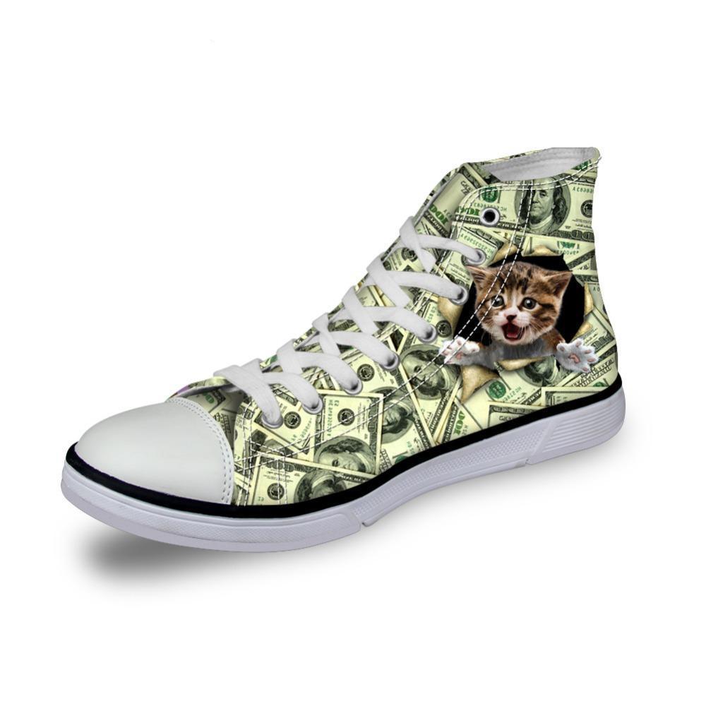 Cat in Dollars Print High Top Canvas Women Shoes Cat Design Footwear Pet Clever 