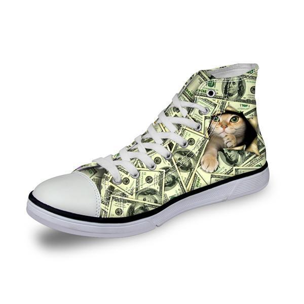 Cat in Dollars Print High Top Canvas Women Shoes Cat Design Footwear Pet Clever D 