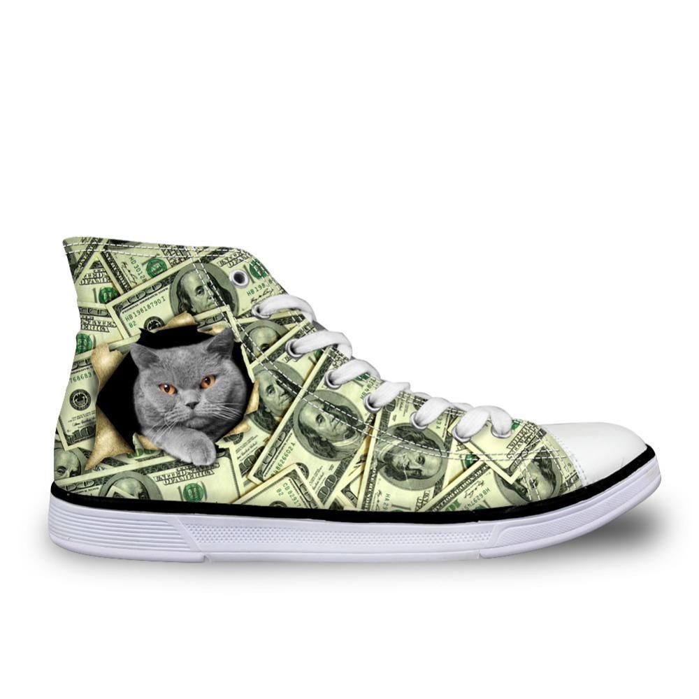 Cat in Dollars Print High Top Canvas Women Shoes Cat Design Footwear Pet Clever 