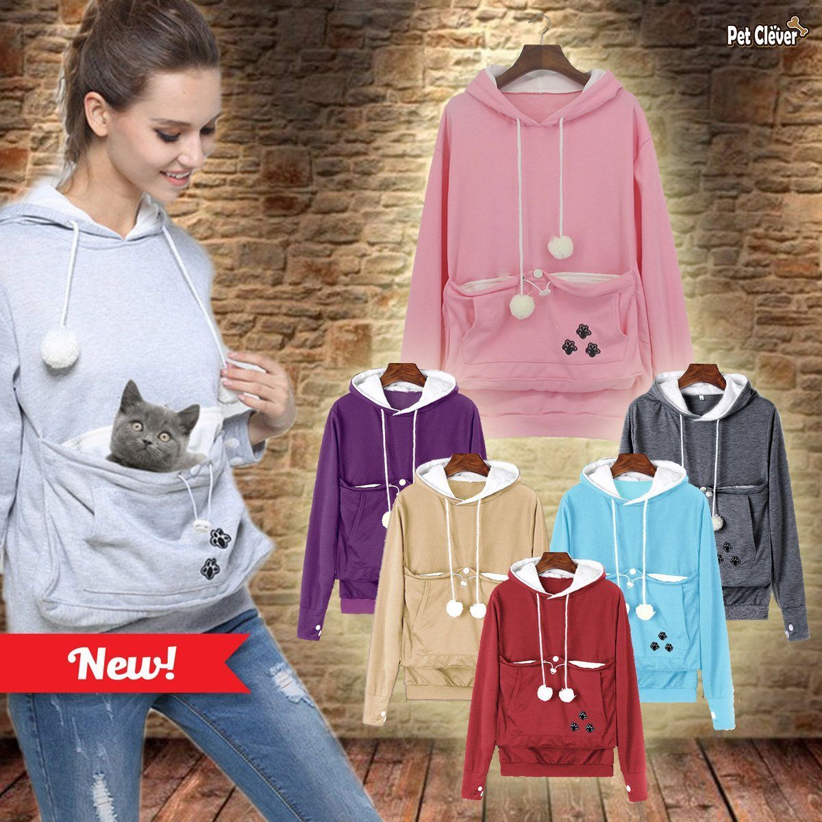 Catagaroo Hoodies with Kangaroo Pouch For Your Cat Cat Carriers Pet Clever Grey S 