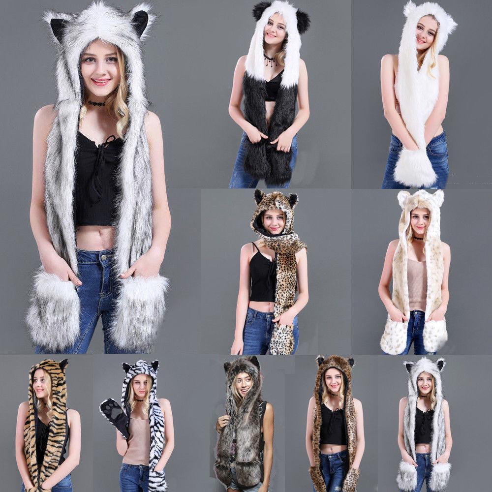 Fuzzy Fluffy Animal Design Mittens Gloves Plush Beanie Cat Design Accessories Pet Clever 