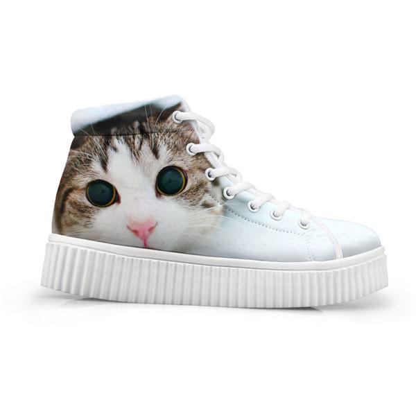Kawaii Women High Top Height Increasing 3D Big Eyes Cat Shoes Cat Design Footwear Pet Clever 