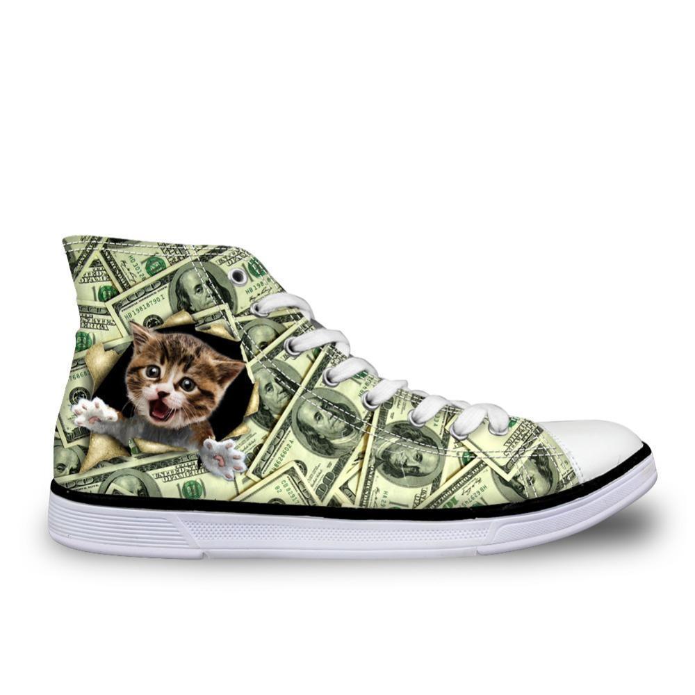Surprised Cat in Dollars Print High Top Canvas Women Shoes Cat Design Footwear Pet Clever 