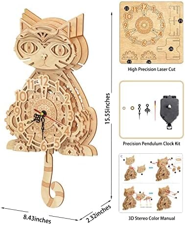Wooden 3D Puzzles for Adults Model kit Cat Clock