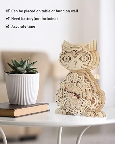 Wooden 3D Puzzles for Adults Model kit Cat Clock
